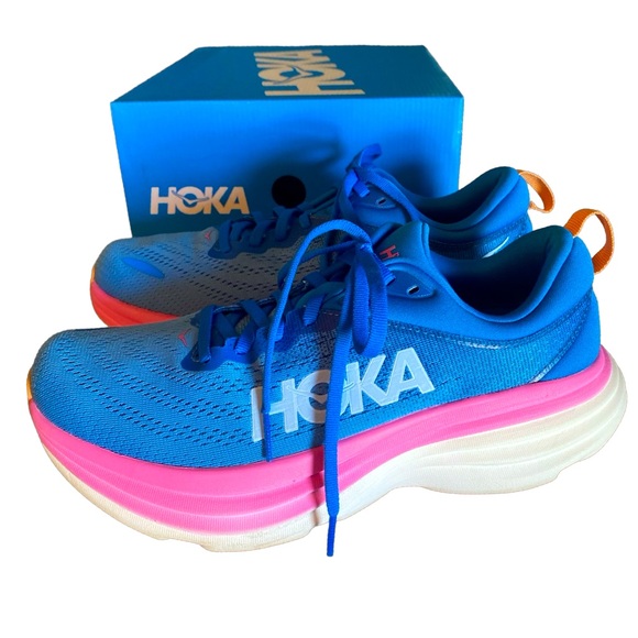 Worn Once Women’s Hoka One One Bondi 8 Blue & Pink Running Shoes with Box - Picture 1 of 16